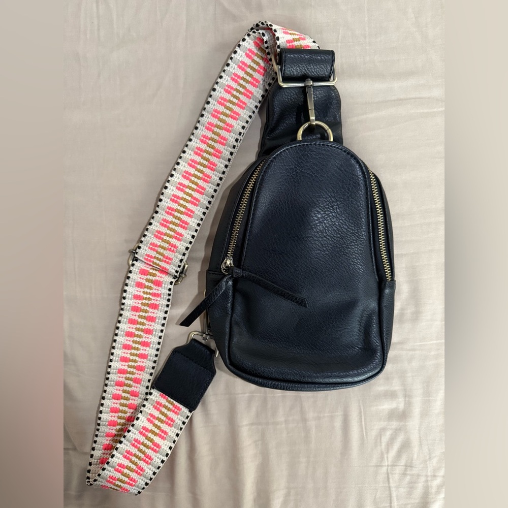 Anthropologie Black Crossbody Bag with Patterned Strap